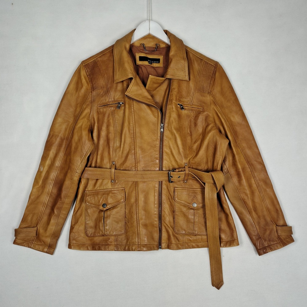 Wilsons Leather Jacket Tan Belted Moto Asymmetrical Zip XXL RN69426